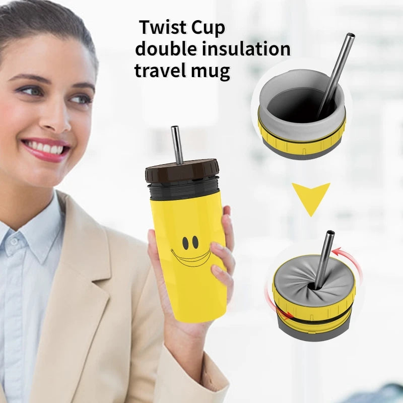 Portable Twist-Lid Thermos Cup with Straw - Ideal for Coffee, Juice, and Water
