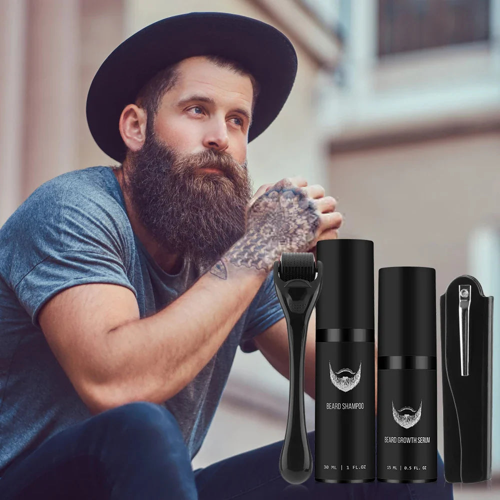 4PCS Beard Growth Kit – Oil Serum, Derma Roller, Comb & Travel Bag for Men