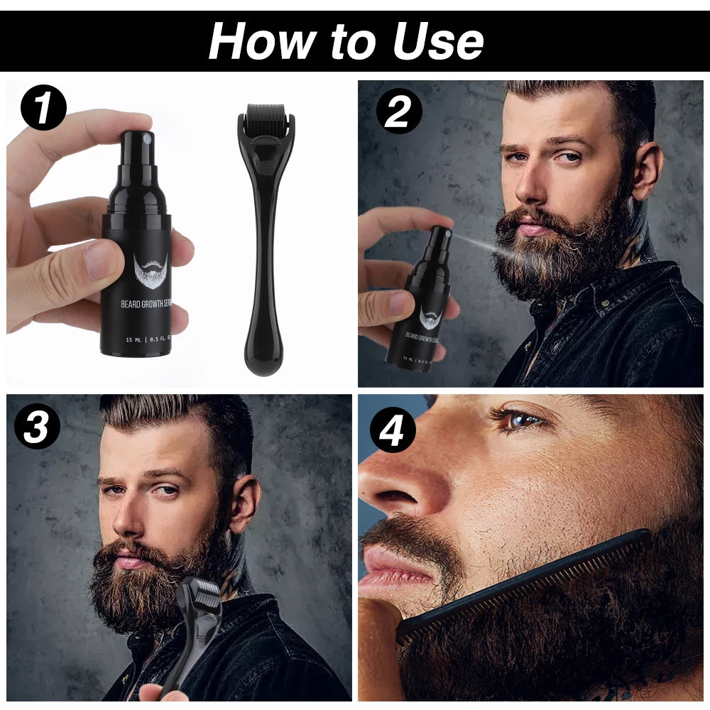 4pcs/Set Beard Growth Oil For Men Beard Growth Serum Roller Comb Kit