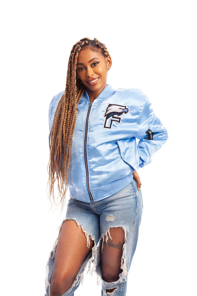 FOF Women’s “Eagle F” Satin Bomber Jacket – Luxury Streetwear Coat (Blue)