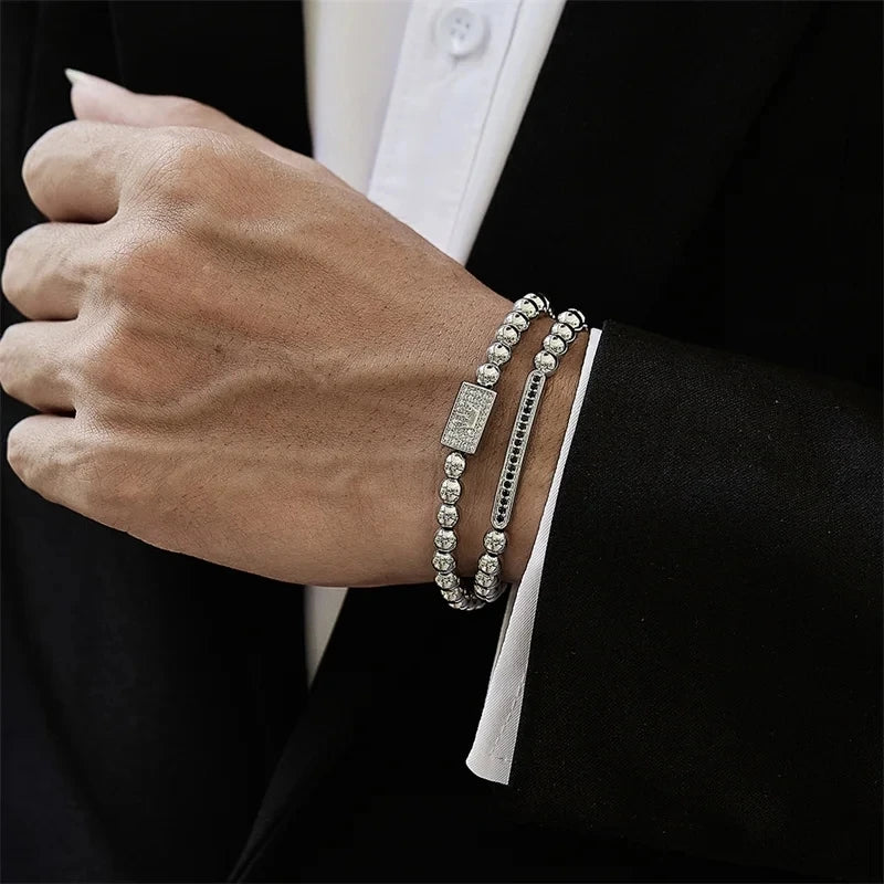 Man And Women Classic 2Pcs/Sets Charms Bracelet Crown Stainless Steel Beads