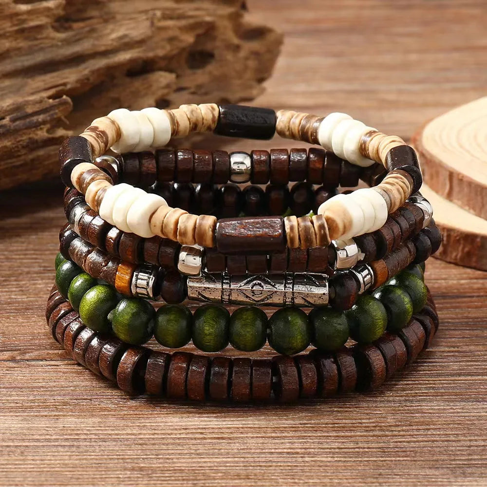 Cross Life Tree 5Pcs/set Vintage Bronze Ethnic Casual Wooden Bead Bracelets