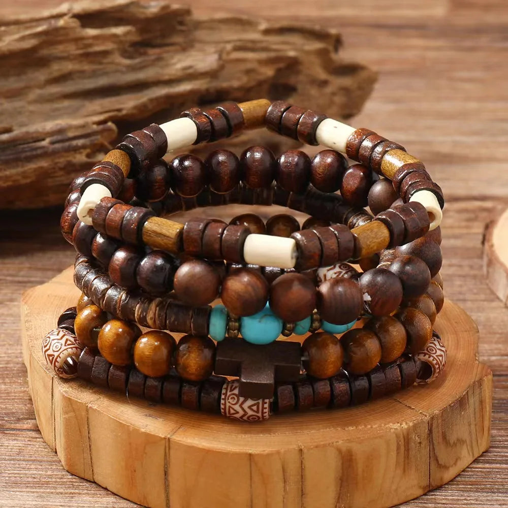 Cross Life Tree 5Pcs/set Vintage Bronze Ethnic Casual Wooden Bead Bracelets