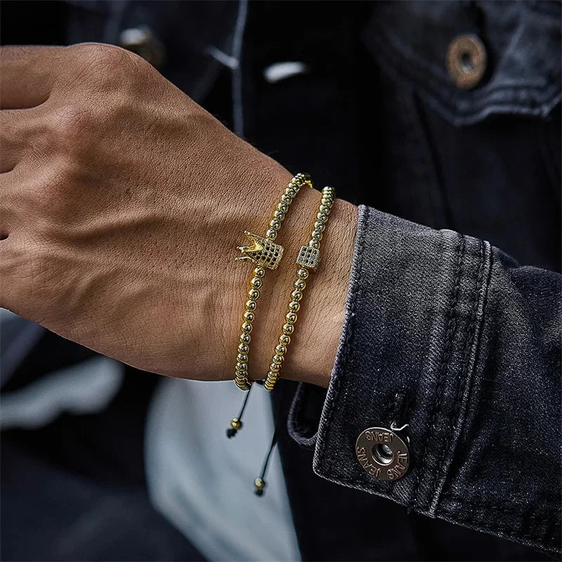 Man And Women Classic 2Pcs/Sets Charms Bracelet Crown Stainless Steel Beads