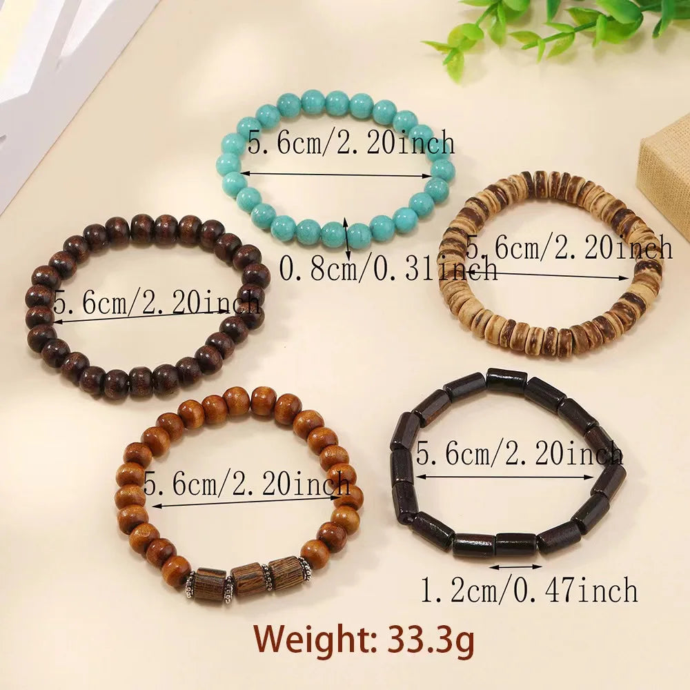 Cross Life Tree 5Pcs/set Vintage Bronze Ethnic Casual Wooden Bead Bracelets