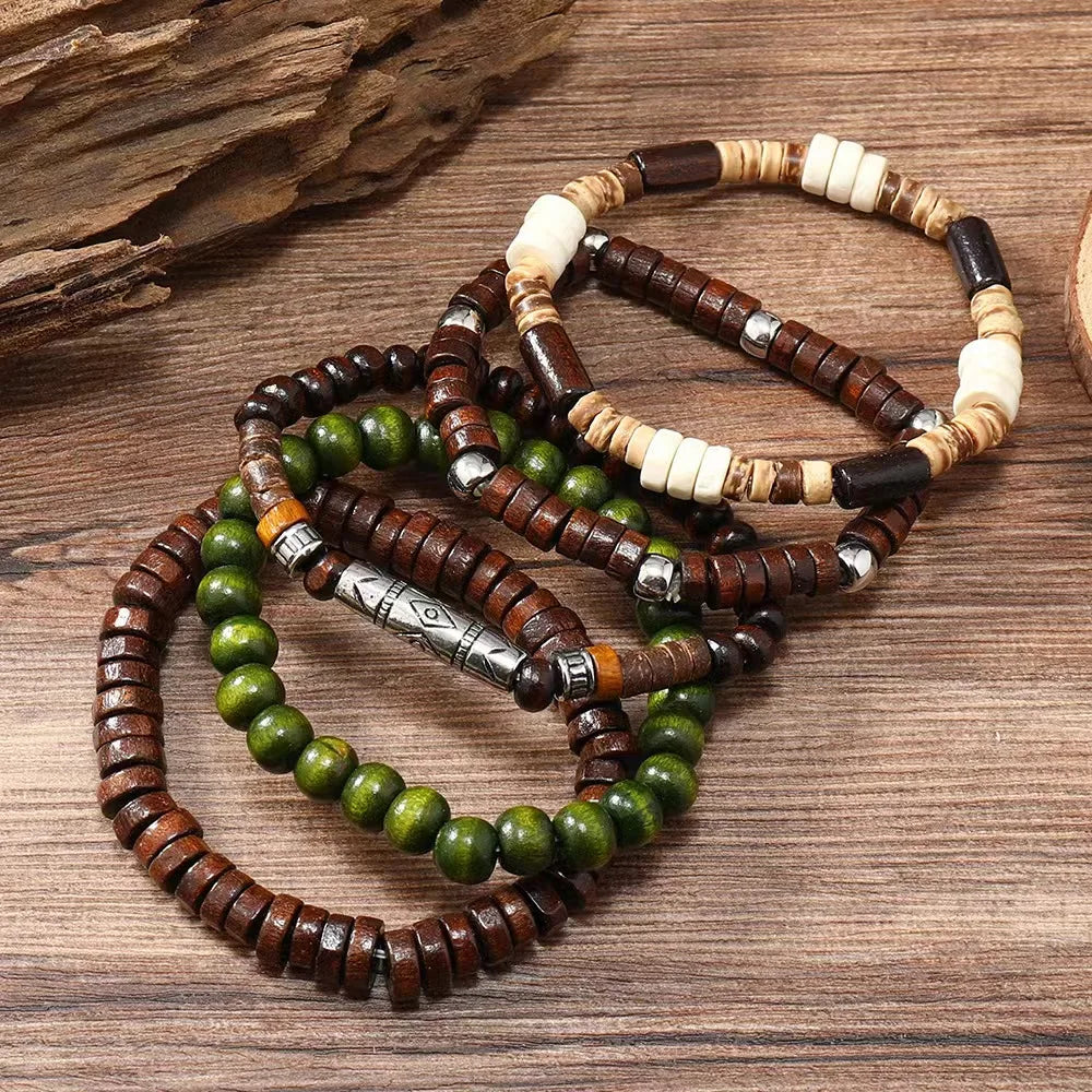 Cross Life Tree 5Pcs/set Vintage Bronze Ethnic Casual Wooden Bead Bracelets