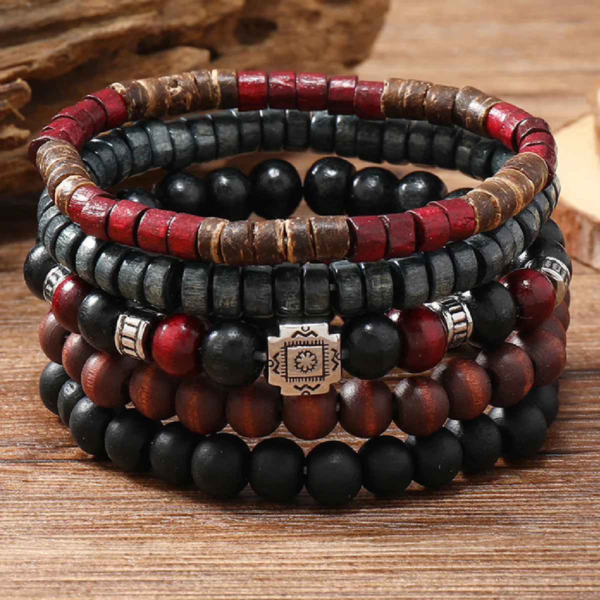 5-Piece Vintage Wooden Bead Bracelet Set – Ethnic Cross/Tree Bronze Charms