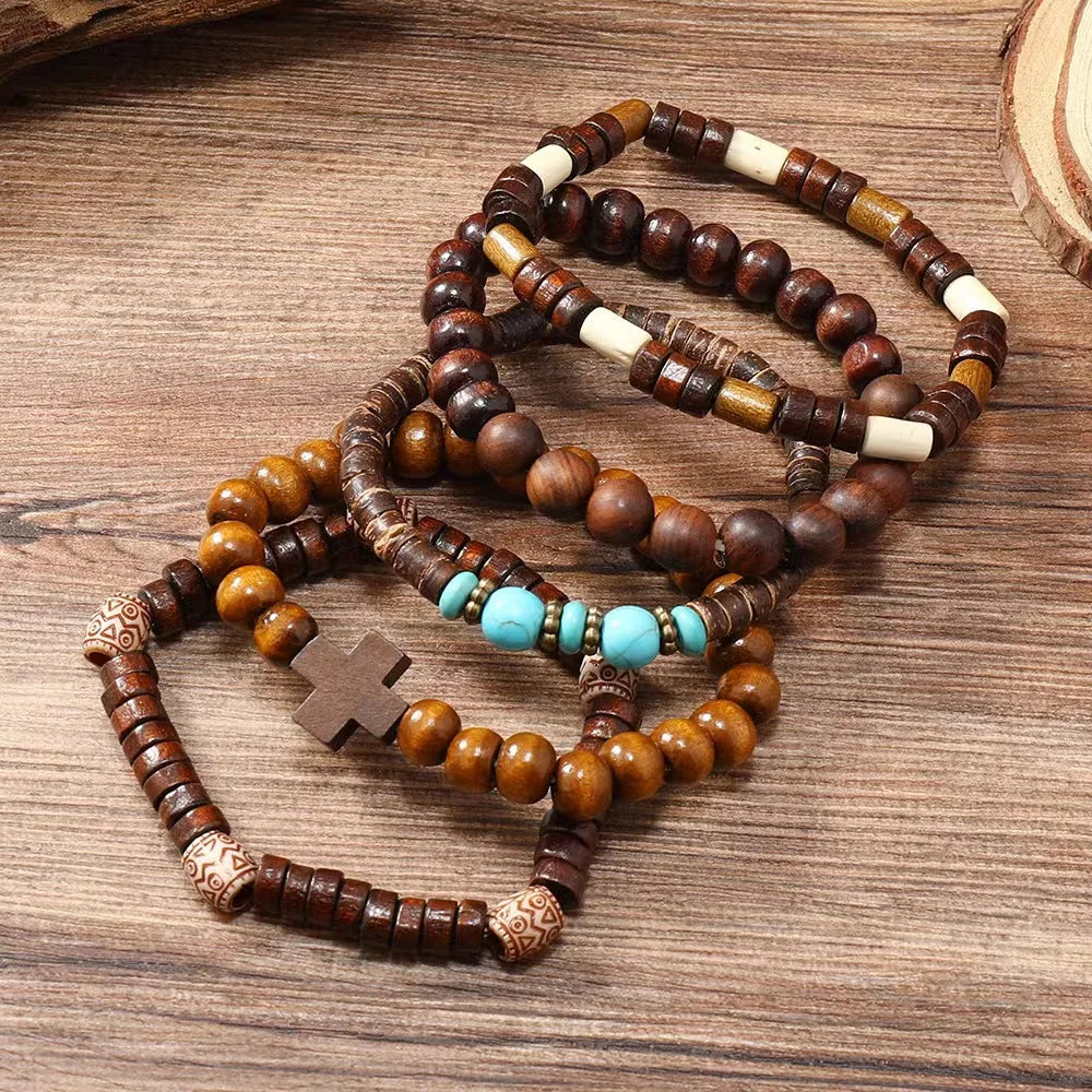 Cross Life Tree 5Pcs/set Vintage Bronze Ethnic Casual Wooden Bead Bracelets
