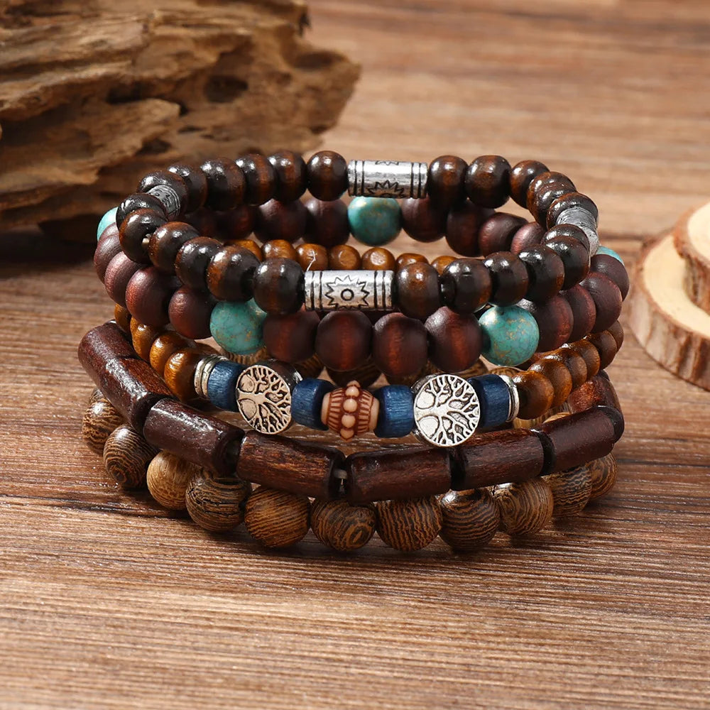 Cross Life Tree 5Pcs/set Vintage Bronze Ethnic Casual Wooden Bead Bracelets
