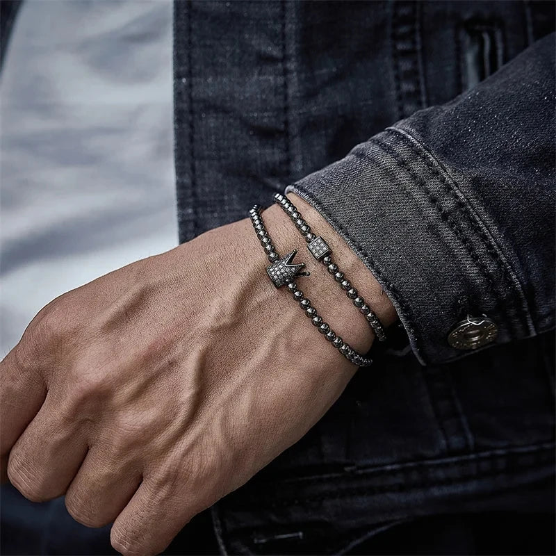 Man And Women Classic 2Pcs/Sets Charms Bracelet Crown Stainless Steel Beads
