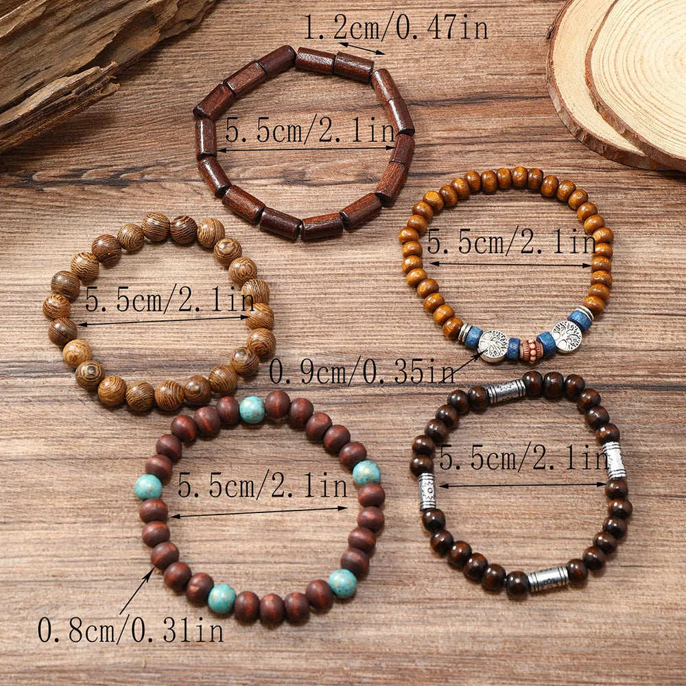 Cross Life Tree 5Pcs/set Vintage Bronze Ethnic Casual Wooden Bead Bracelets