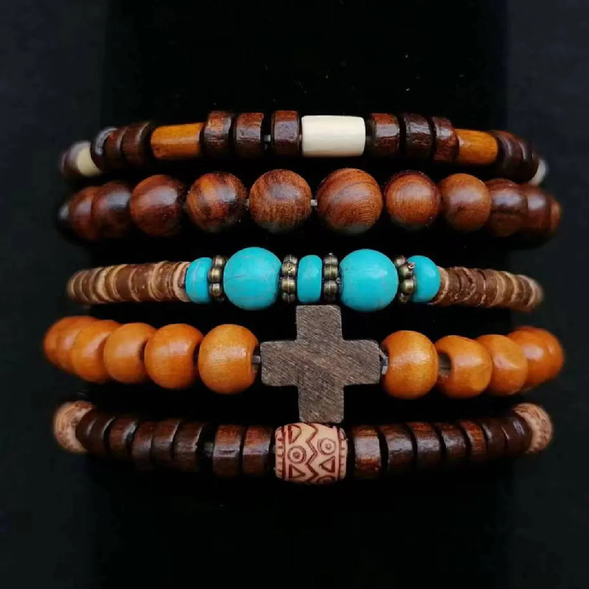 Cross Life Tree 5Pcs/set Vintage Bronze Ethnic Casual Wooden Bead Bracelets