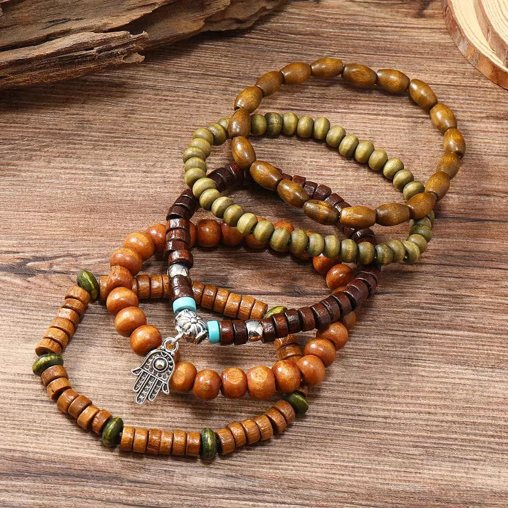 Cross Life Tree 5Pcs/set Vintage Bronze Ethnic Casual Wooden Bead Bracelets