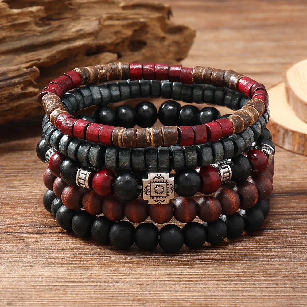 Cross Life Tree 5Pcs/set Vintage Bronze Ethnic Casual Wooden Bead Bracelets
