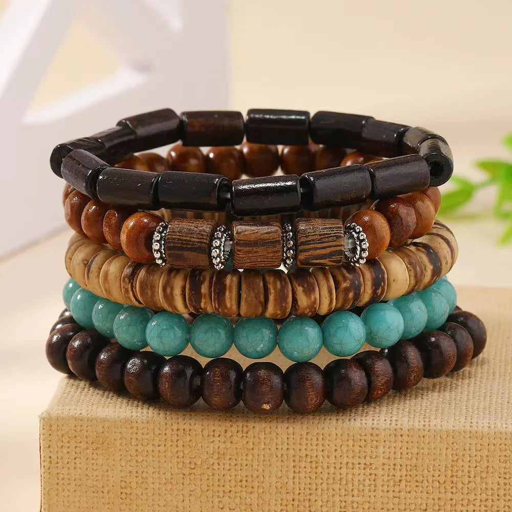 Cross Life Tree 5Pcs/set Vintage Bronze Ethnic Casual Wooden Bead Bracelets