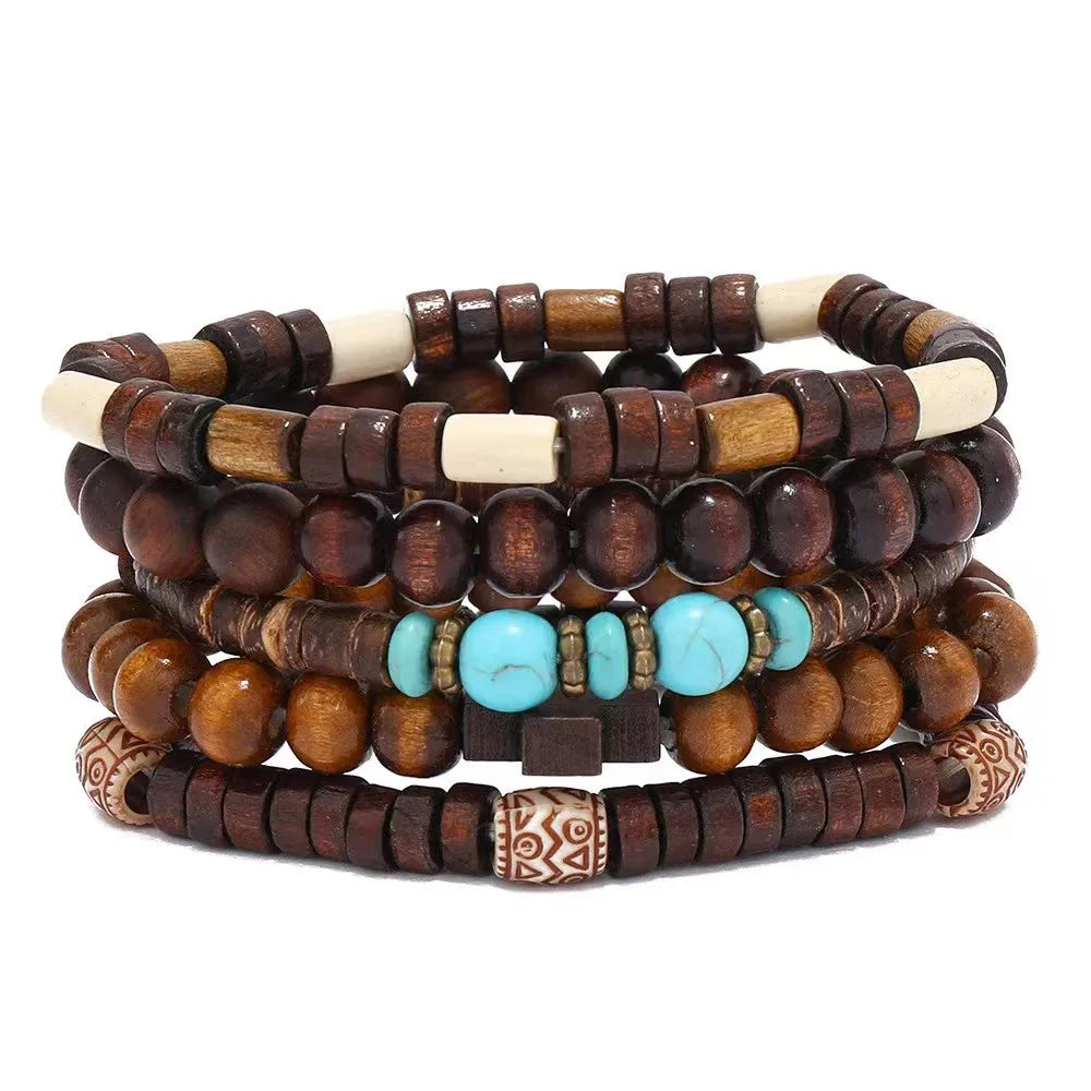 Cross Life Tree 5Pcs/set Vintage Bronze Ethnic Casual Wooden Bead Bracelets
