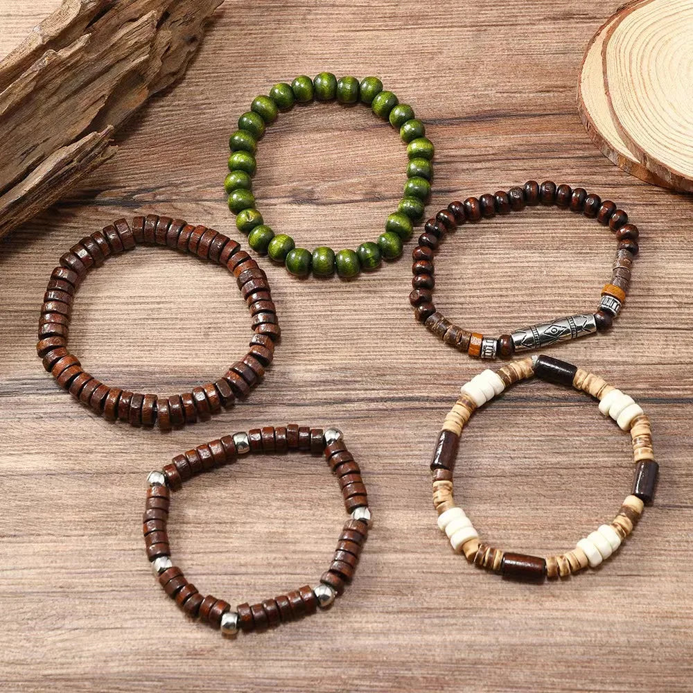 Cross Life Tree 5Pcs/set Vintage Bronze Ethnic Casual Wooden Bead Bracelets