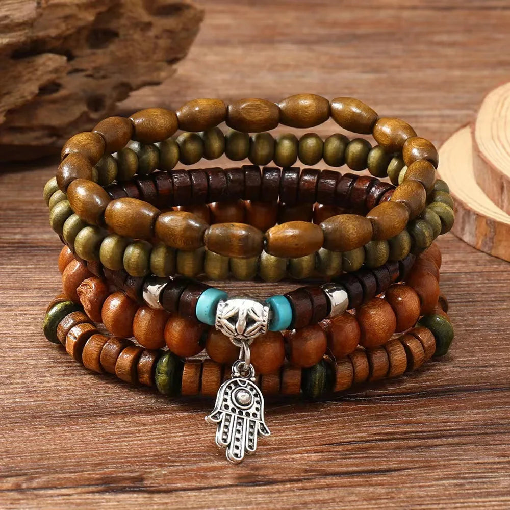 Cross Life Tree 5Pcs/set Vintage Bronze Ethnic Casual Wooden Bead Bracelets