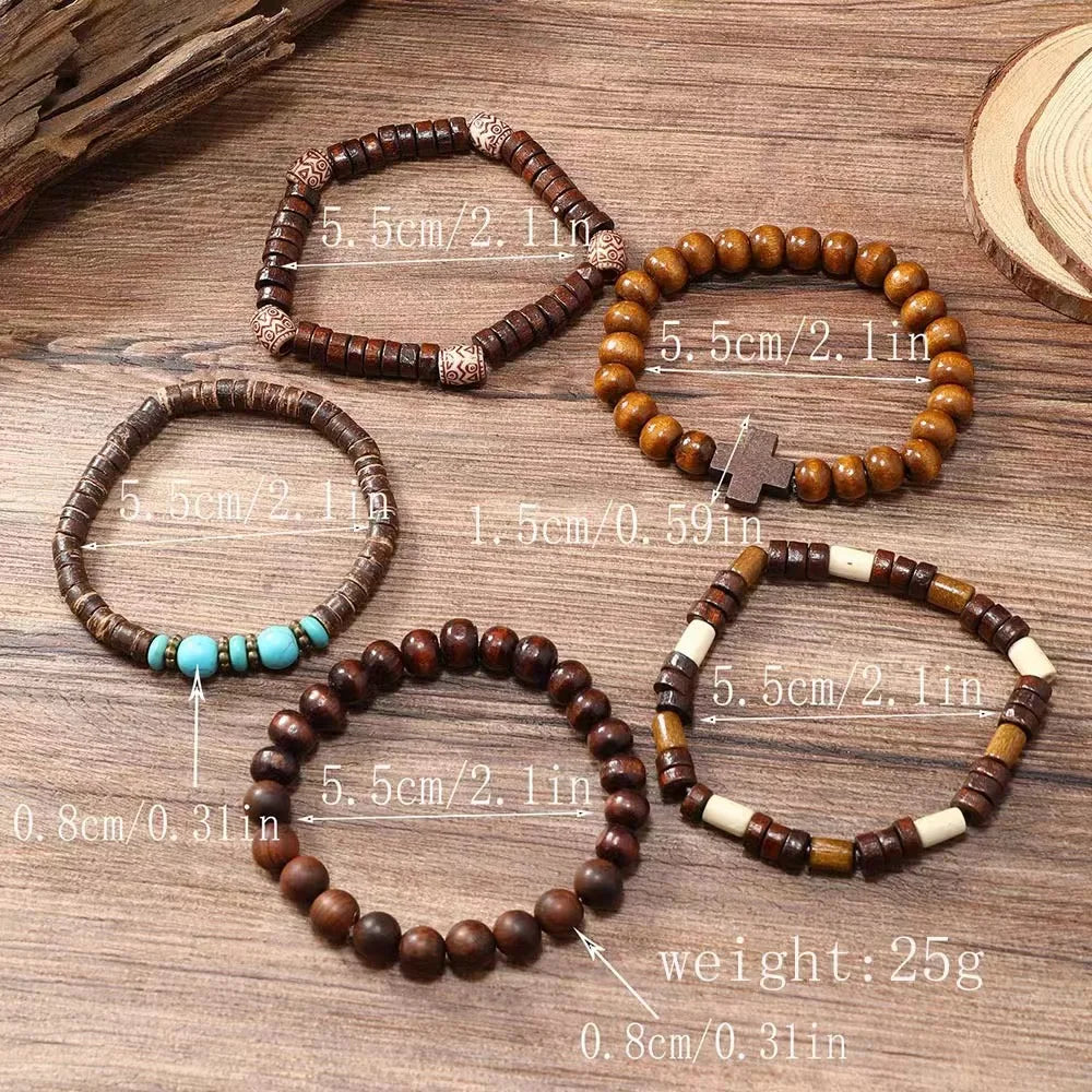 Cross Life Tree 5Pcs/set Vintage Bronze Ethnic Casual Wooden Bead Bracelets