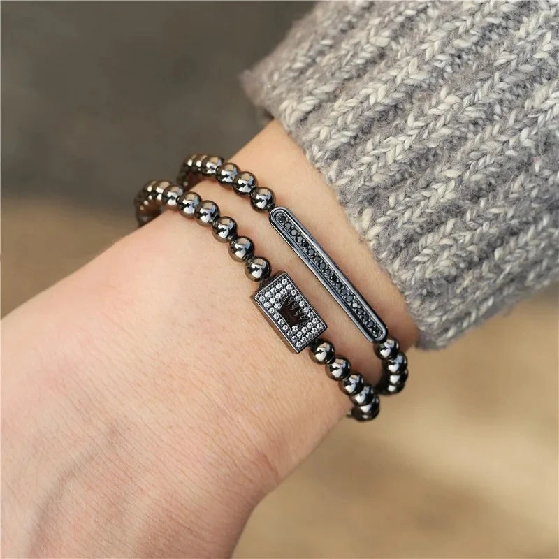Man And Women Classic 2Pcs/Sets Charms Bracelet Crown Stainless Steel Beads