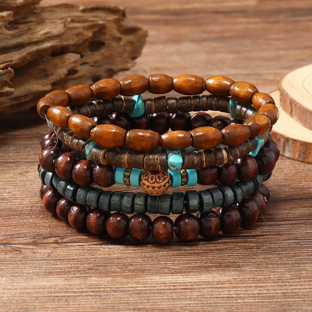 Cross Life Tree 5Pcs/set Vintage Bronze Ethnic Casual Wooden Bead Bracelets