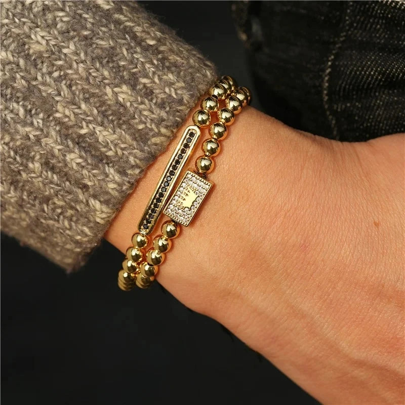 Man And Women Classic 2Pcs/Sets Charms Bracelet Crown Stainless Steel Beads