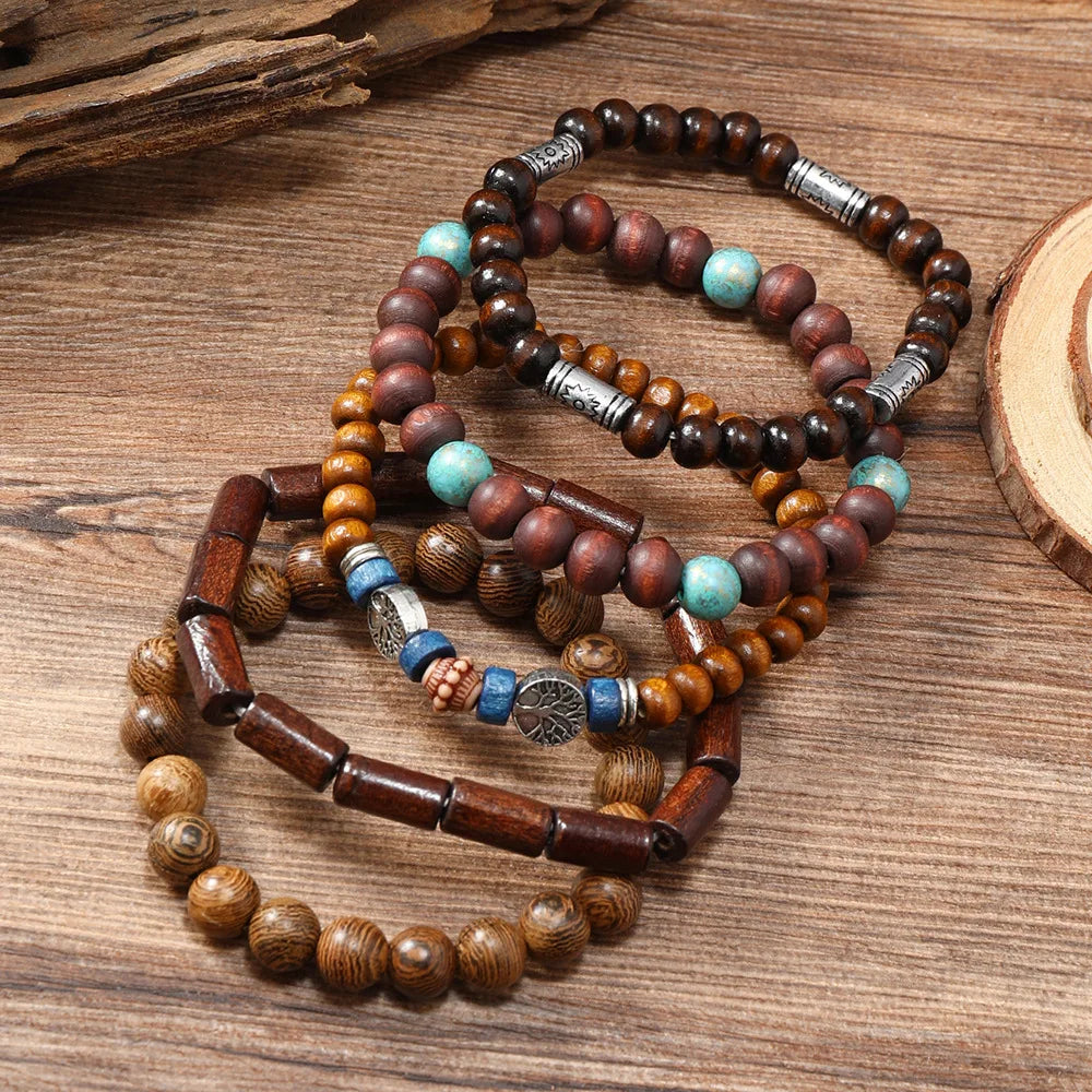 Cross Life Tree 5Pcs/set Vintage Bronze Ethnic Casual Wooden Bead Bracelets