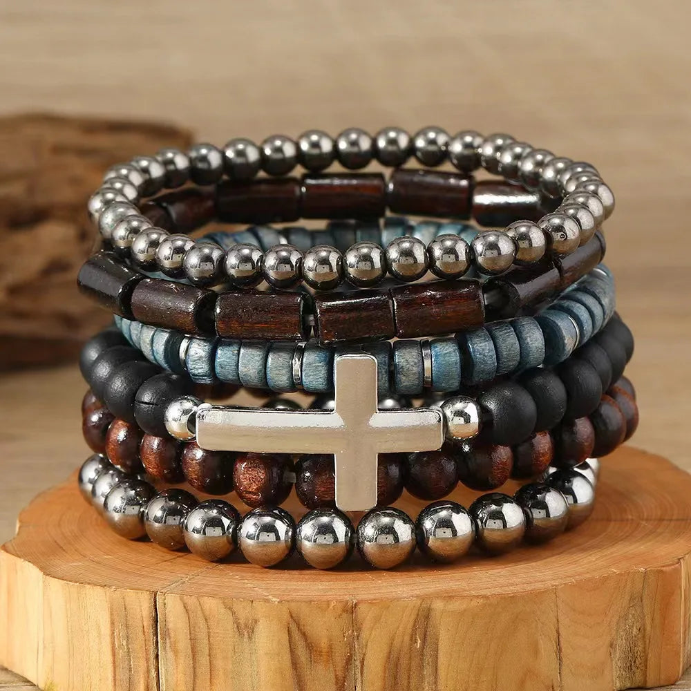 Cross Life Tree 5Pcs/set Vintage Bronze Ethnic Casual Wooden Bead Bracelets