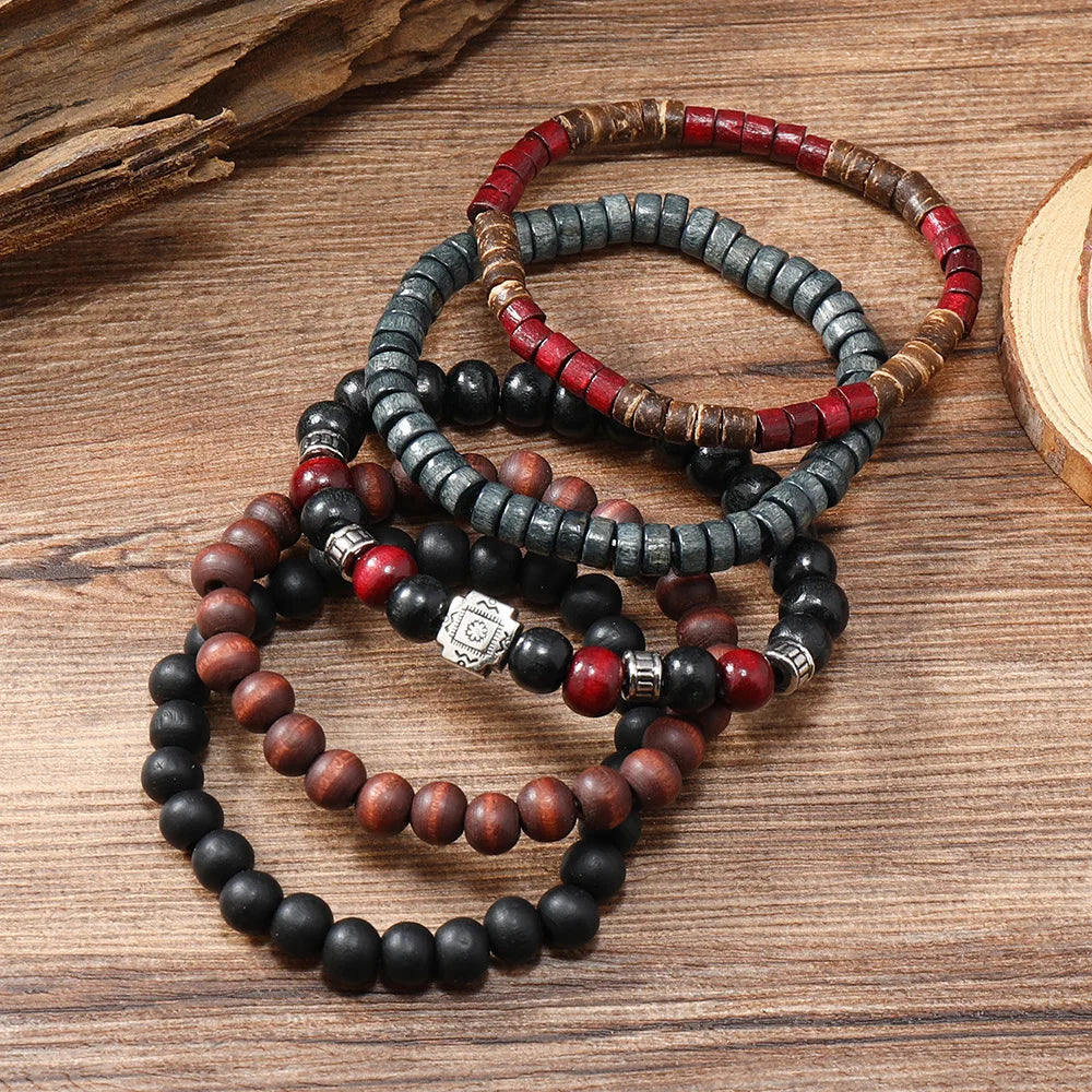 Cross Life Tree 5Pcs/set Vintage Bronze Ethnic Casual Wooden Bead Bracelets
