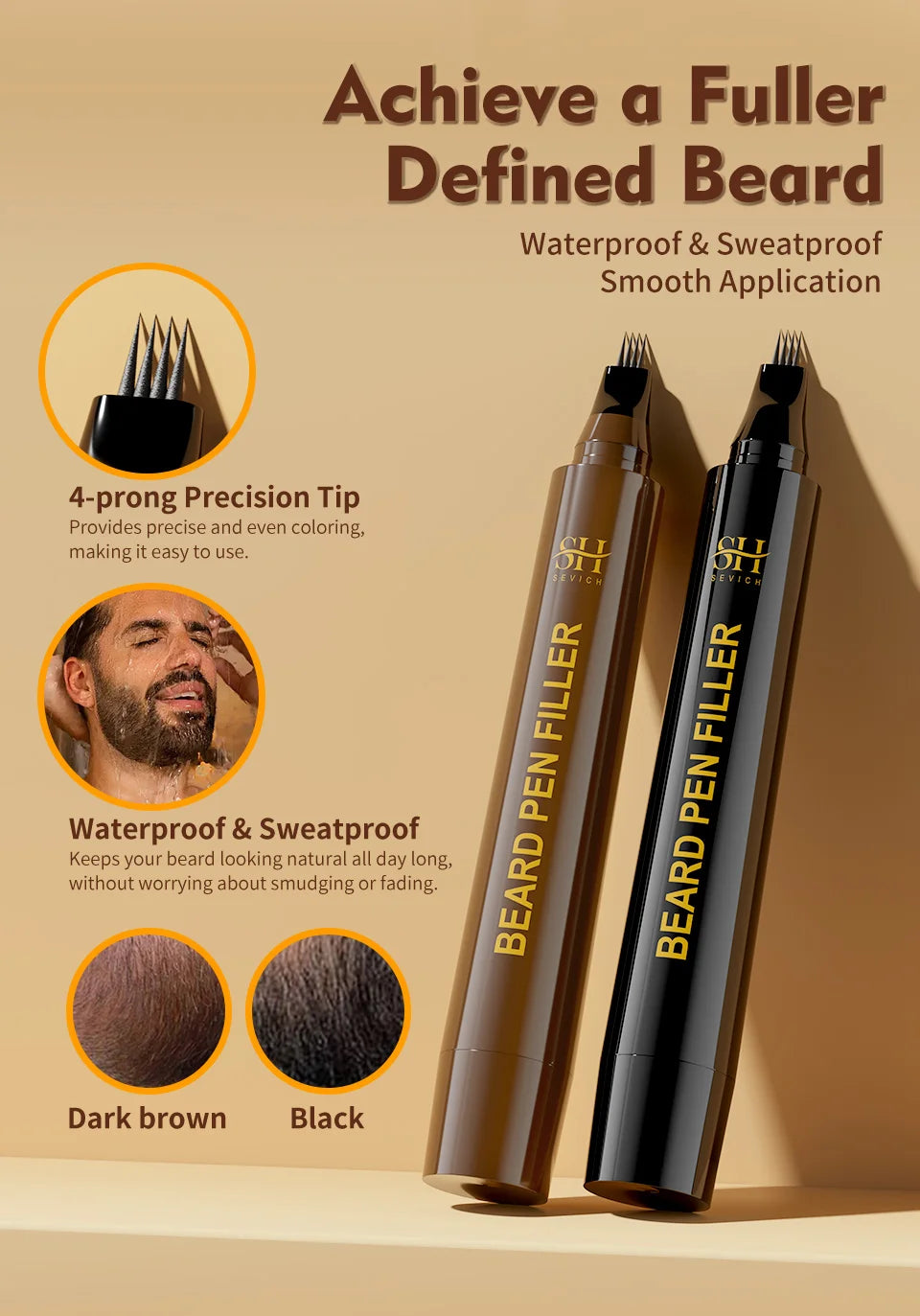 Beard - Moustache Filler Pen Waterproof Hairline Enhancer Black Fibre for Men