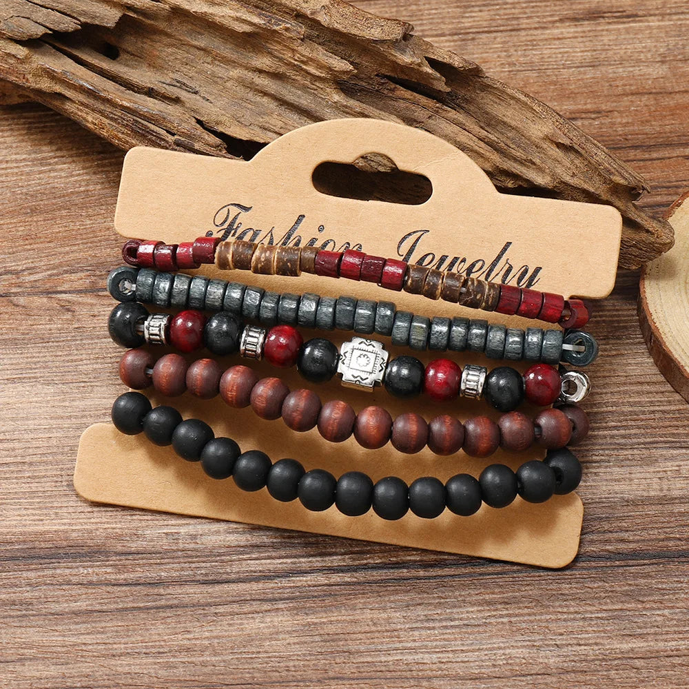 Cross Life Tree 5Pcs/set Vintage Bronze Ethnic Casual Wooden Bead Bracelets