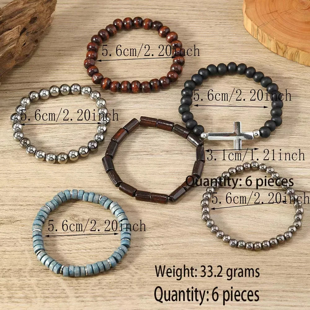 Cross Life Tree 5Pcs/set Vintage Bronze Ethnic Casual Wooden Bead Bracelets