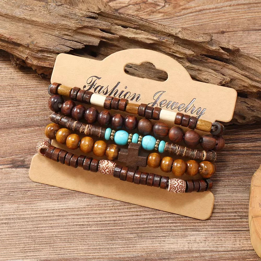 Cross Life Tree 5Pcs/set Vintage Bronze Ethnic Casual Wooden Bead Bracelets