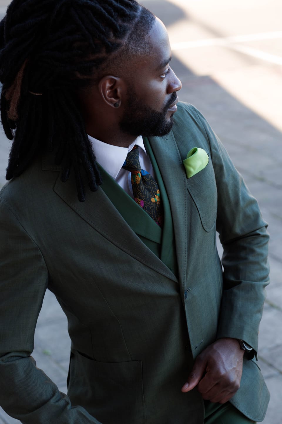 Tank green morhen 3 piece suit. Double breasted waistcoat with a single breast jacket.