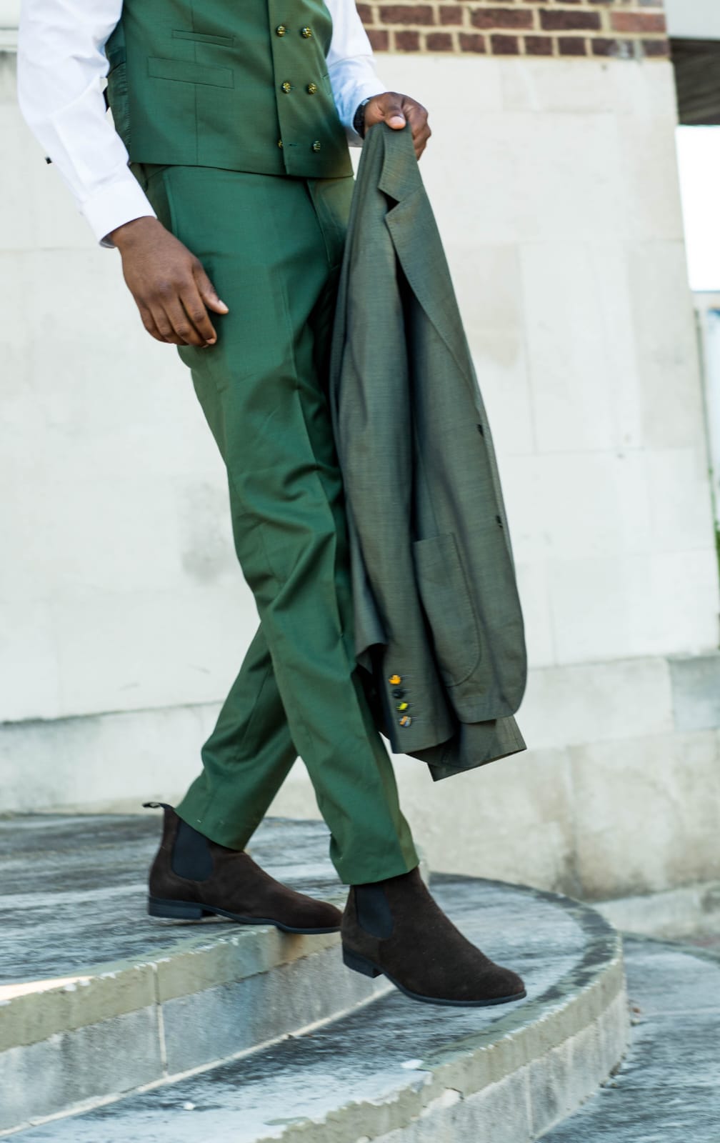 Tank green morhen 3 piece suit. Double breasted waistcoat with a single breast jacket.