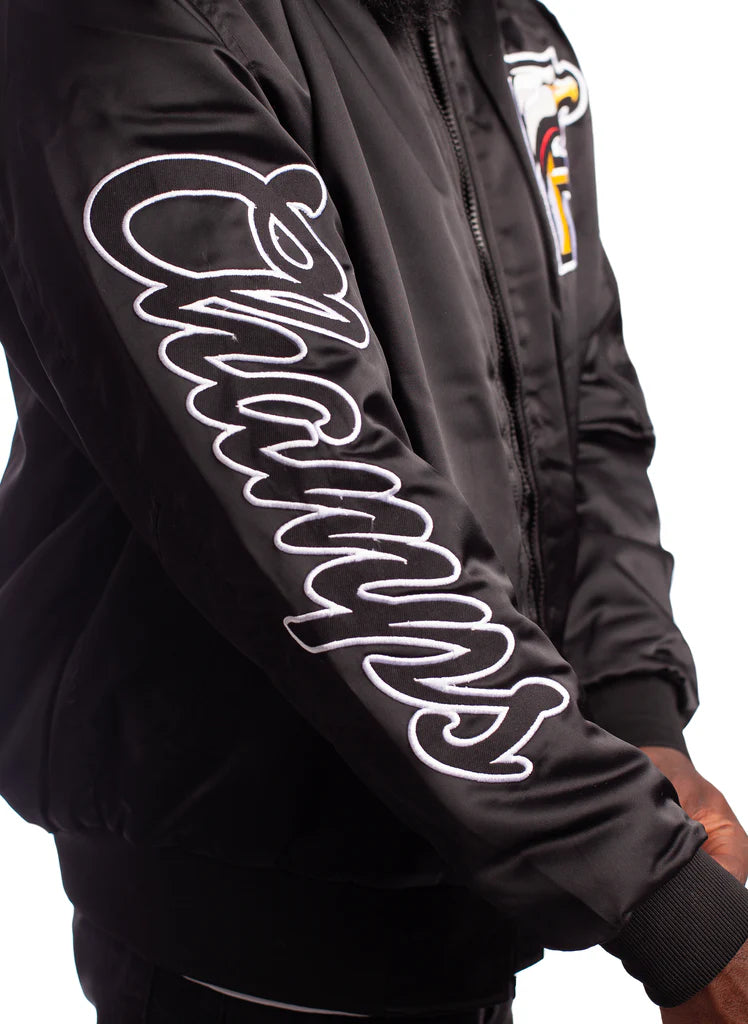 FOF MEN EAGLE F SATIN BOMBER JACKET - BLACK