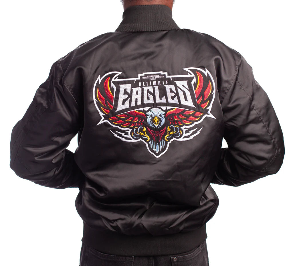 FOF MEN EAGLE F SATIN BOMBER JACKET - BLACK