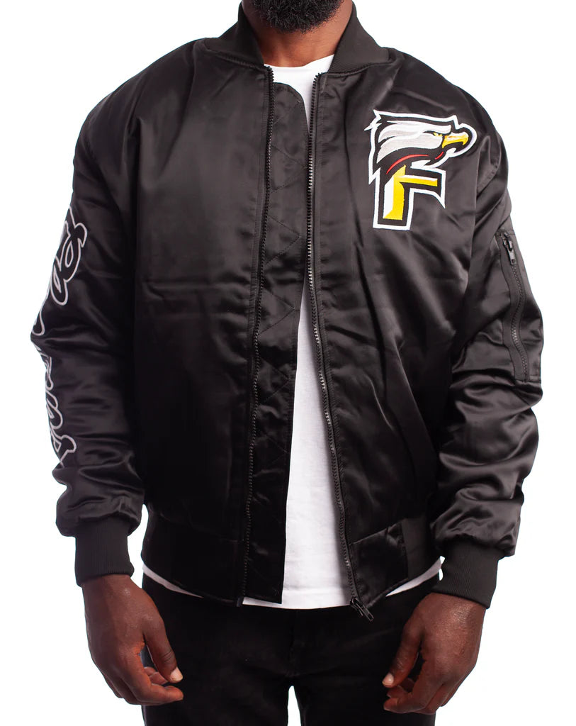FOF MEN EAGLE F SATIN BOMBER JACKET - BLACK