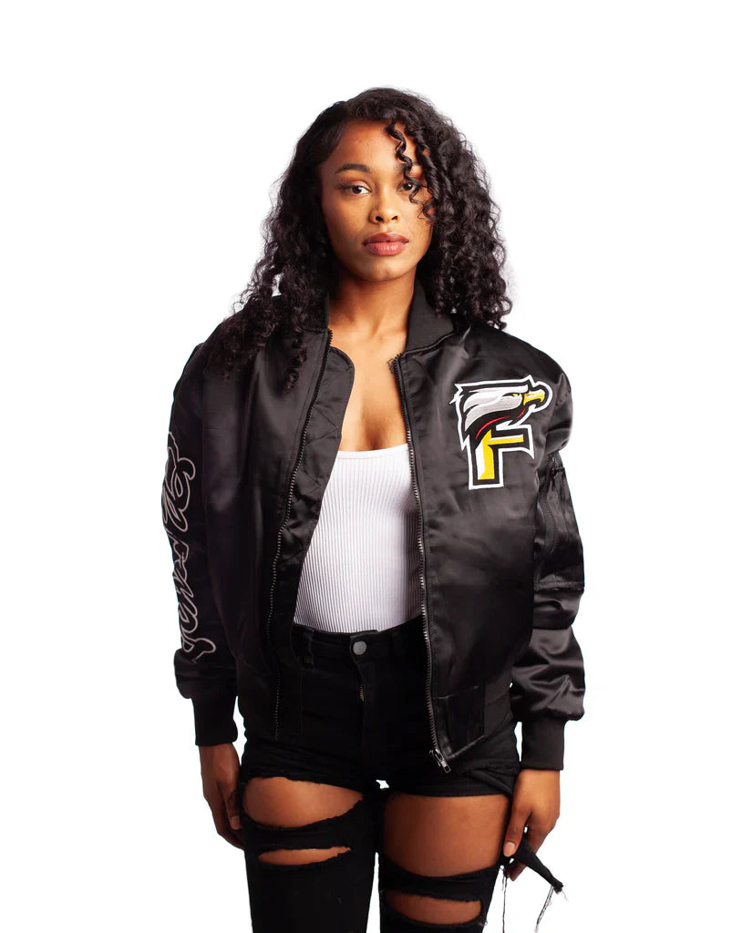 FOF Women’s “Eagle F” Satin Bomber Jacket – Luxury Streetwear Coat (Black)