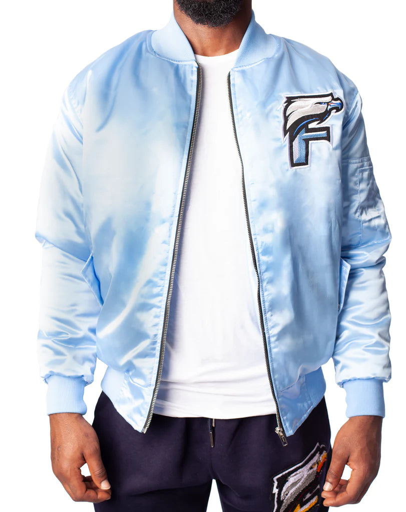 FOF MEN EAGLE F SATIN BOMBER JACKET - BLUE