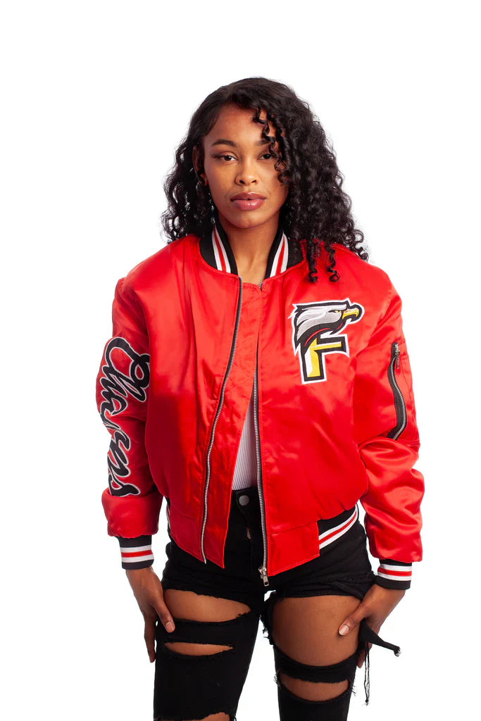 FOF Women’s “Eagle F” Satin Bomber Jacket – Luxury Streetwear Coat (Red)