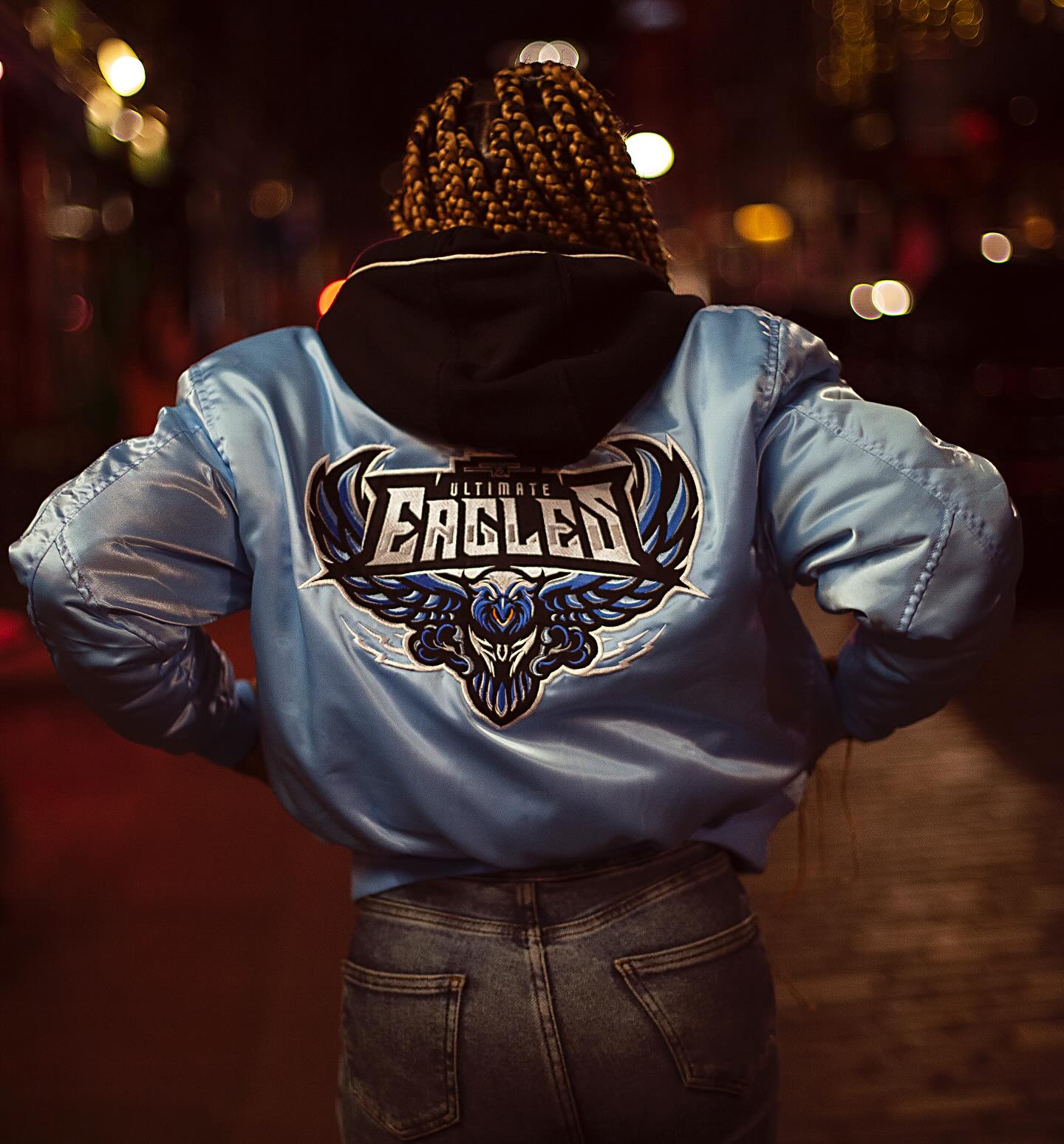 FOF WOMENS EAGLE F SATIN BOMBER JACKET - BLUE