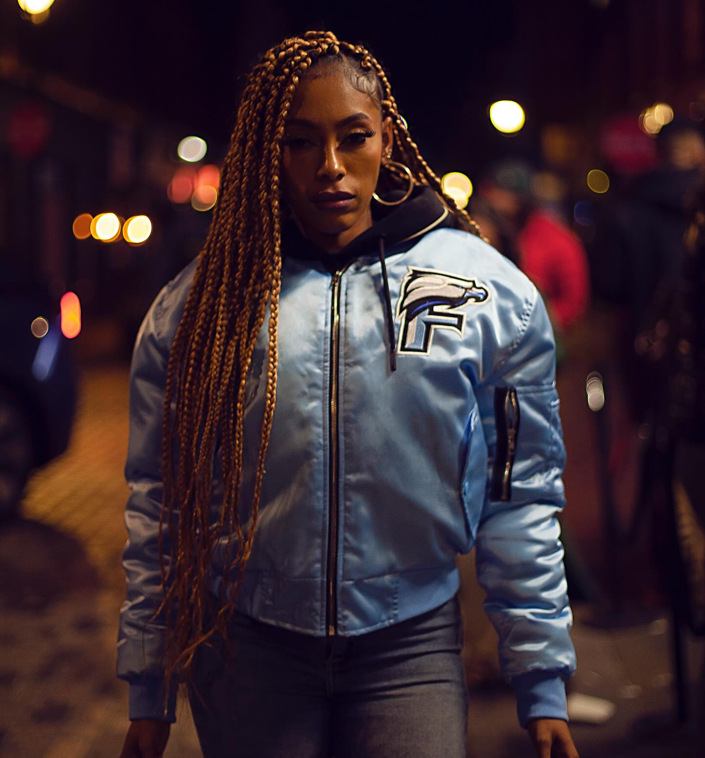 FOF WOMENS EAGLE F SATIN BOMBER JACKET - BLUE