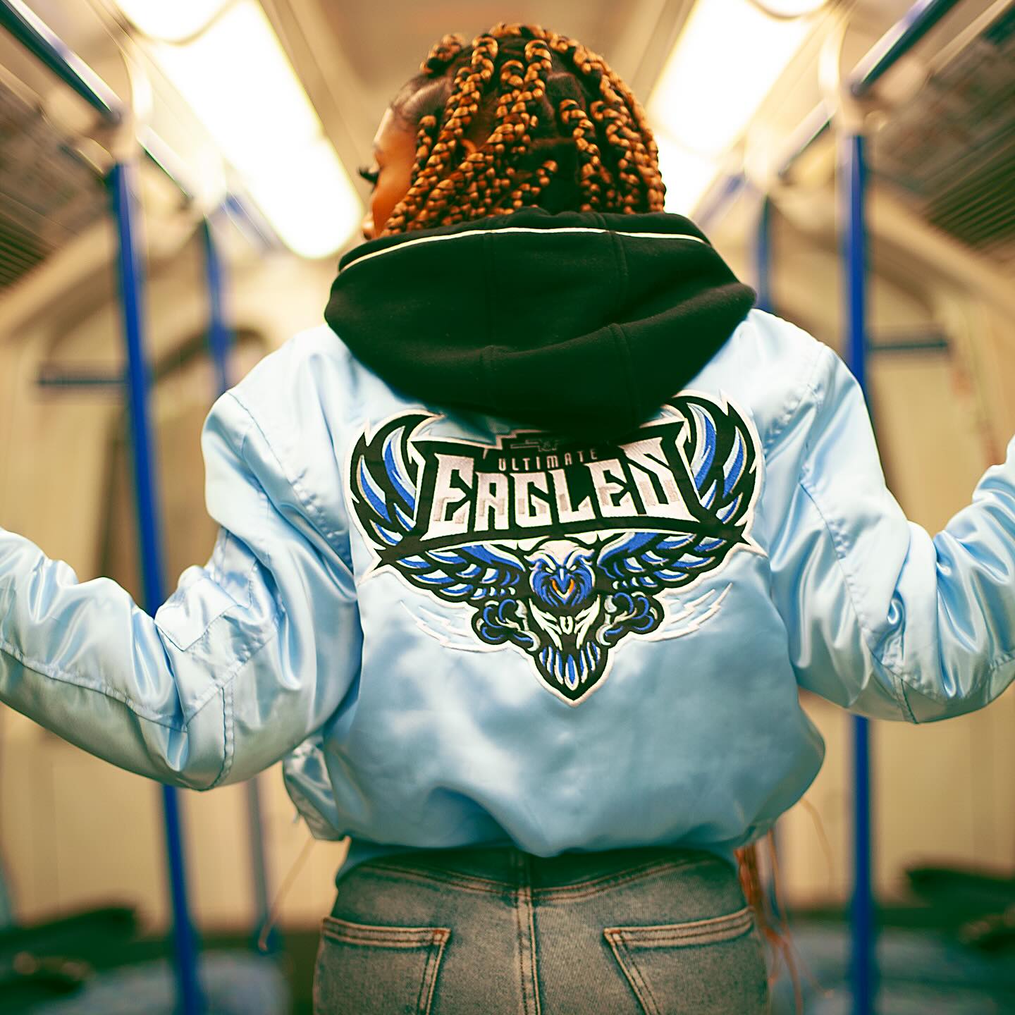 FOF WOMENS EAGLE F SATIN BOMBER JACKET - BLUE