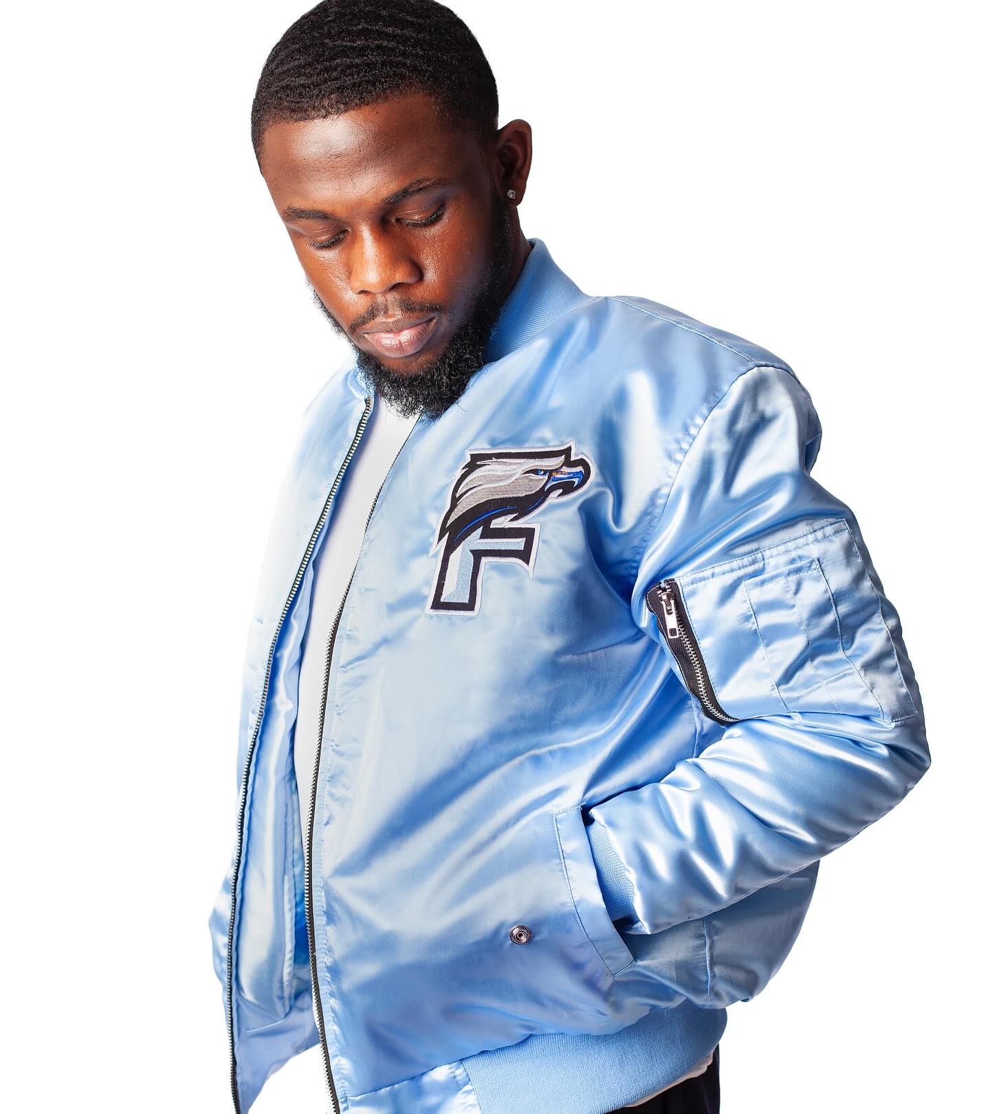 FOF Men’s “Eagle F” Satin Bomber Jacket – Luxury Streetwear Coat (Blue)