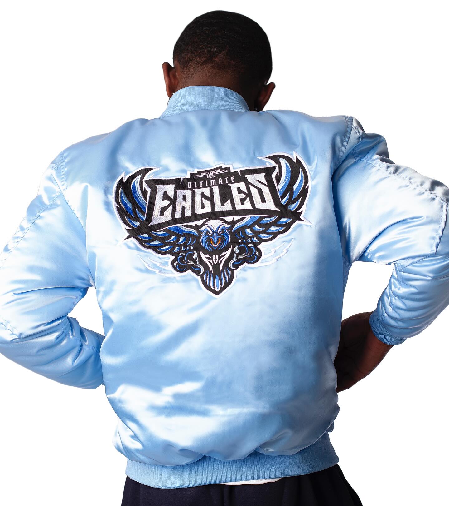 FOF MEN EAGLE F SATIN BOMBER JACKET - BLUE