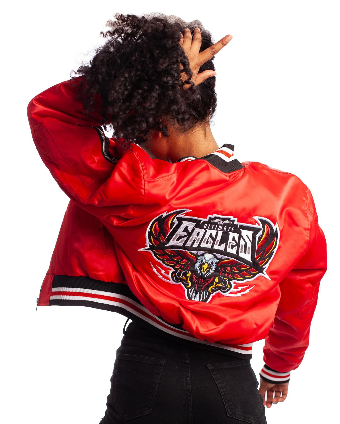 FOF WOMENS EAGLE F SATIN BOMBER JACKET - RED